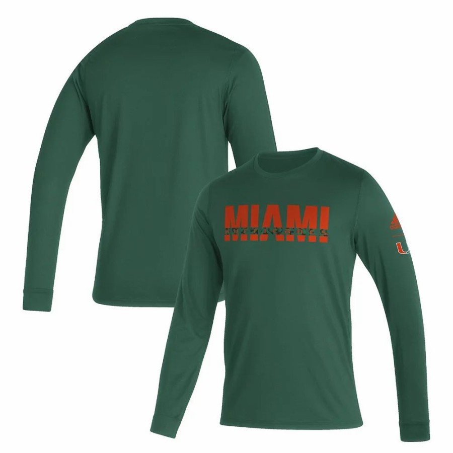 Best * Men'S Adidas Green Miami Hurricanes Sideline Locker Strikethrough Creator Aeroready Long Sleeve T-Shirt