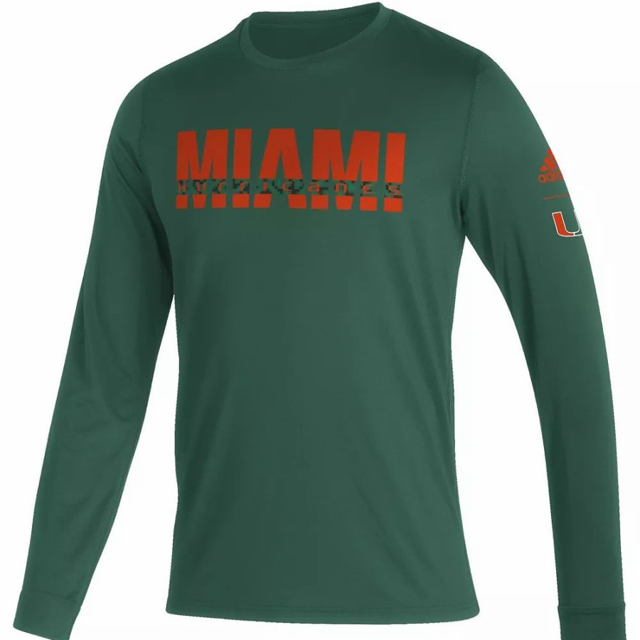 Best * Men'S Adidas Green Miami Hurricanes Sideline Locker Strikethrough Creator Aeroready Long Sleeve T-Shirt