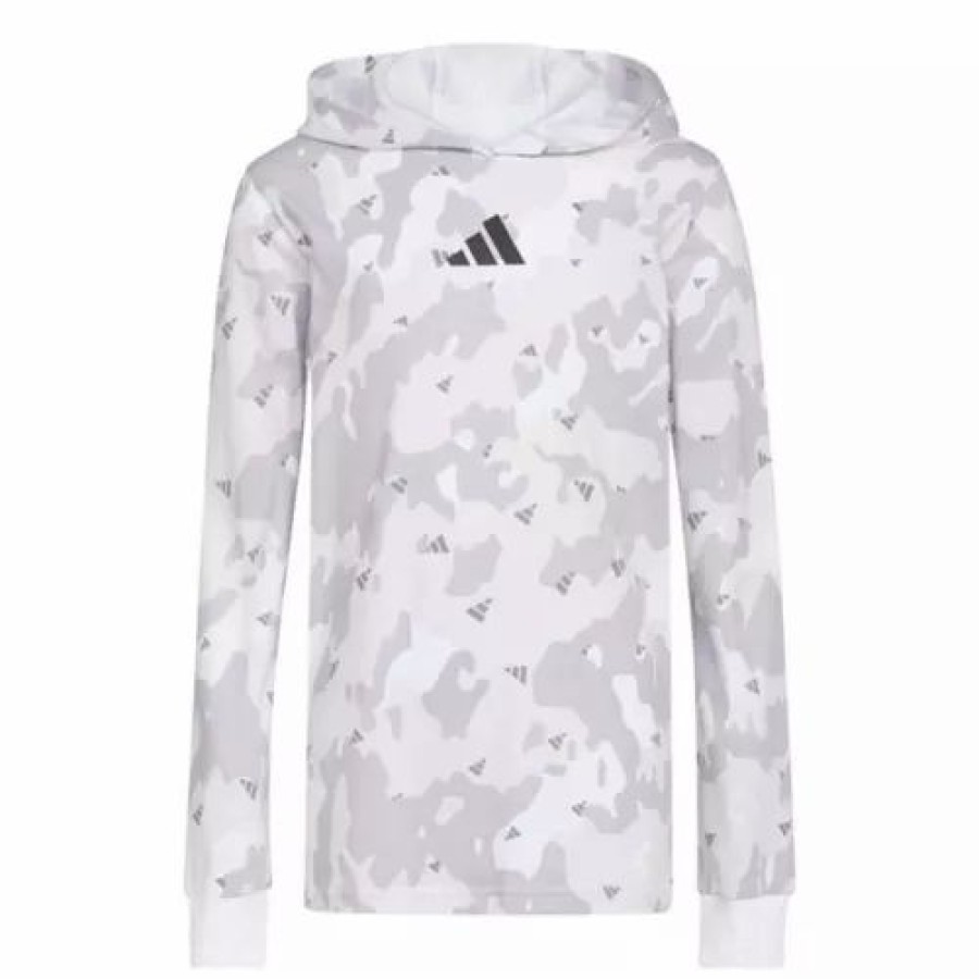 New * Boys' Adidas Strength Camo Long Sleeve Hooded T-Shirt White