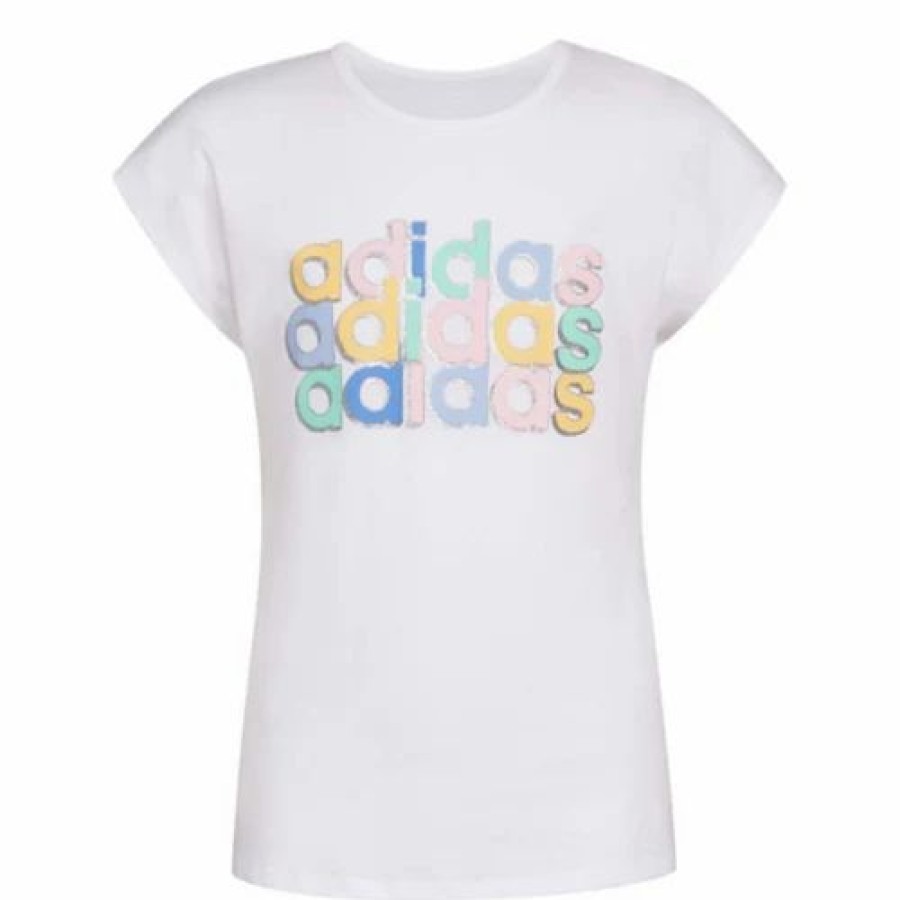 New * Girls' Adidas Cap Sleeve T-Shirt White/Light Pink