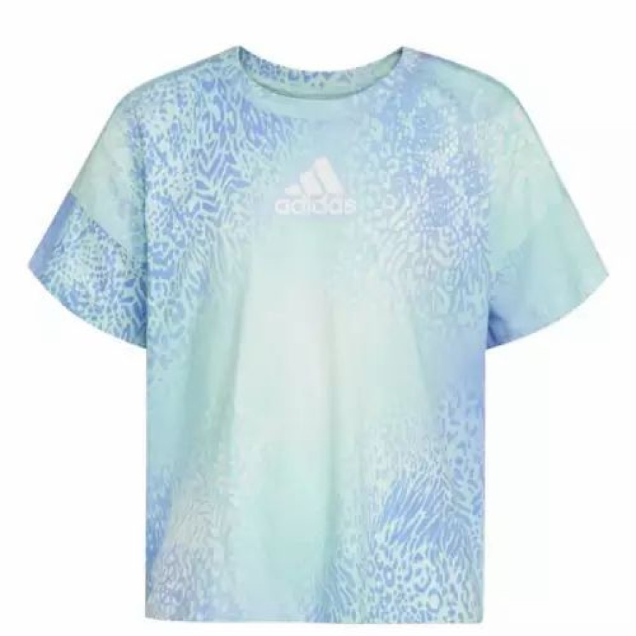 New * Girls' Adidas All Over Print Loose Box T-Shirt Blue Green